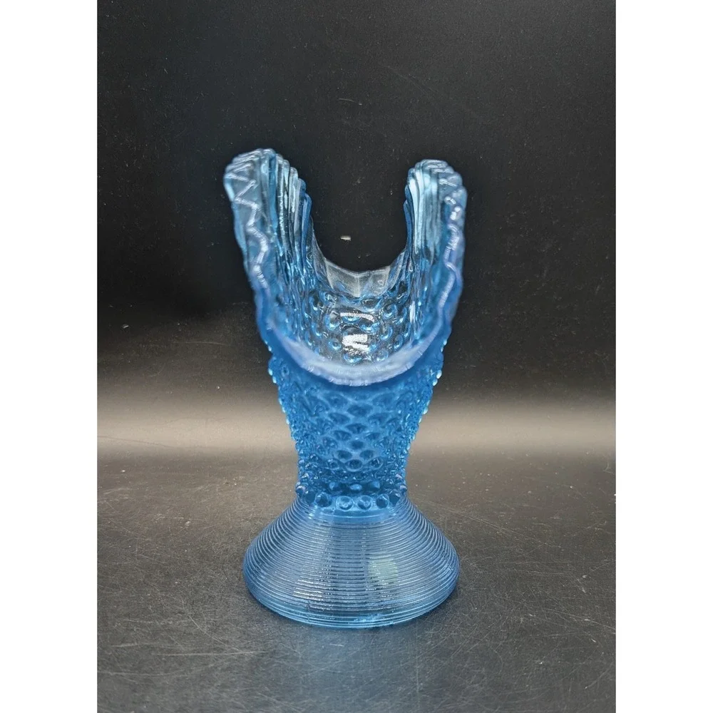 Vintage Empoli Italian Blue Hobnail Glass Fan Vase Ruffled Rim Pedestal 7